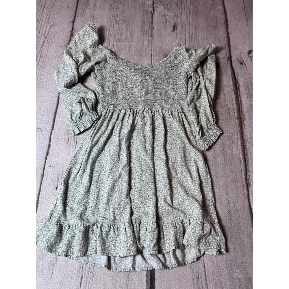 Hollister Floral Mini Dress Womens Medium Green Excellent Puff Sleeve Smocked - Picture 5 of 5